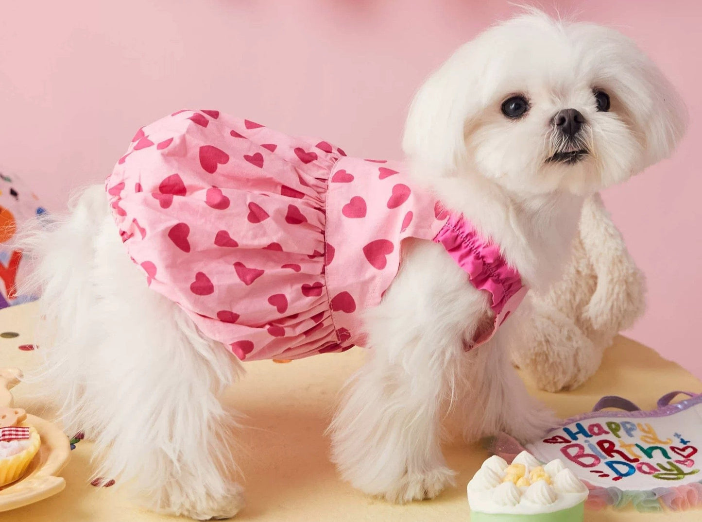 〜11kgまで|犬服|♡ハート柄×ピンクワンピース