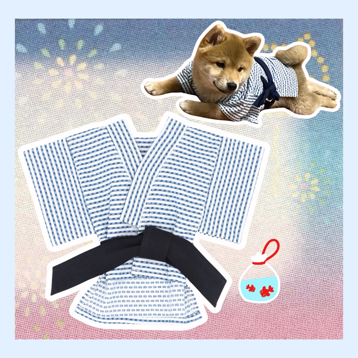 〜8kgまで 水色横縞浴衣 ペット甚平 犬猫浴衣 ゆかた 夏祭り 花火大会 小型犬 大型犬 ペット浴衣