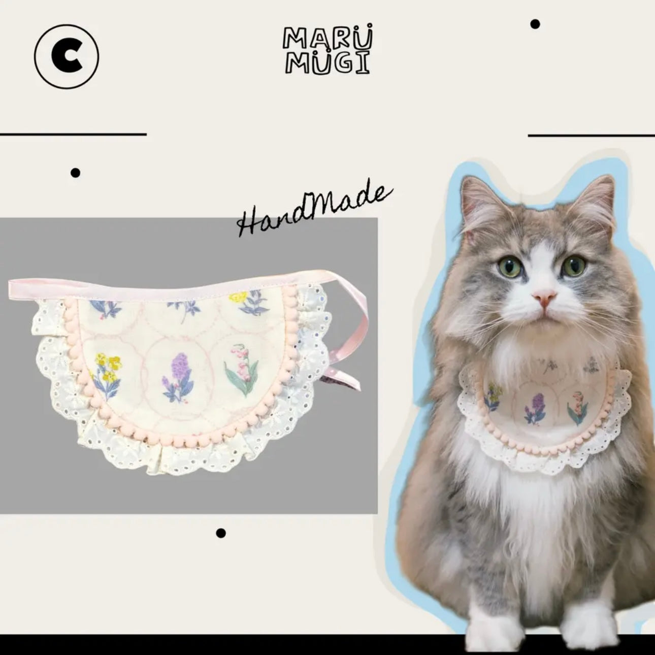 【夏🍀セール♪12%OFF】白地小花柄 犬猫用ビブ♡わんちゃんねこちゃんバンダナ|犬猫用バンダナ|犬猫スタイ|よだれかけ