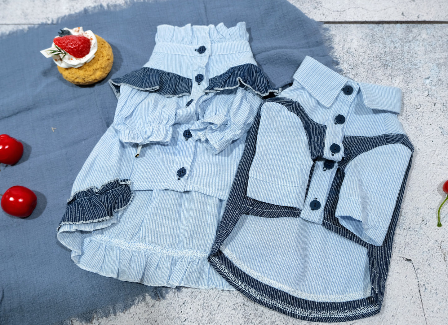 〜7.5kgまで|犬服|縞柄 女の子フリルブラウス&男の子シャツ
