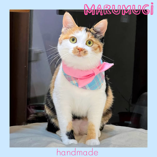 【夏🎀セール12%off】⭐︎Pink⭐︎ 蝶結びチェック柄バンダナ･スタイ 犬猫用つけ襟　犬猫用スタイ　よだれかけ　ビブ