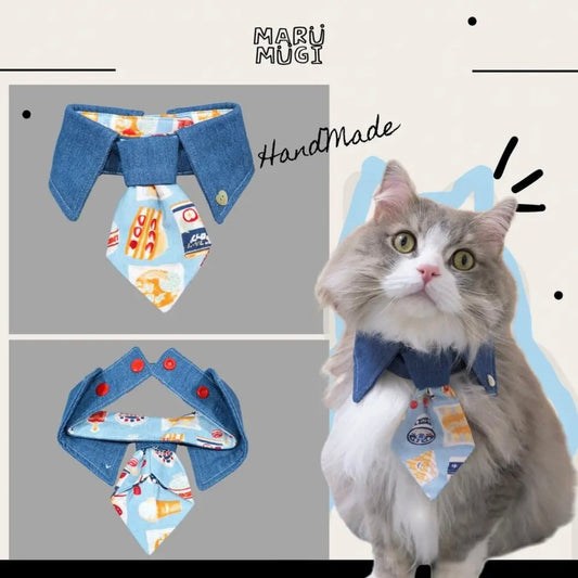 【夏🩵セール♪12％OFF】スーツ柄＆デニム♡わんちゃんねこちゃんネクタイ｜犬猫用ネクタイ｜犬猫用スタイ｜ショートタイ｜バンダナ｜