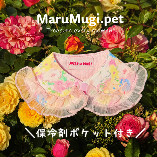 夏対策｜熱中症予防｜犬猫用｜ピンク花柄レースつけ襟