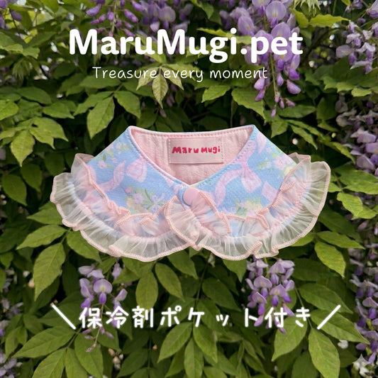 夏対策｜熱中症予防｜犬猫用｜ブルー花柄レースつけ襟